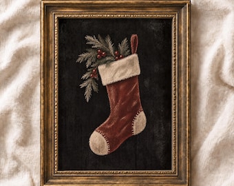 Christmas Stocking PRINTABLE Wall Art: Moody Holiday Print, Antique Stocking Decor, Rustic Farmhouse Christmas Art (Digital Download)
