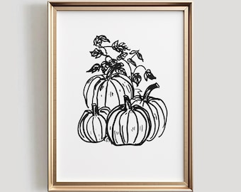 Lámina decorativa minimalista de otoño con diseño de huerto de calabazas (descarga digital)