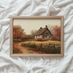 Impresión de paisaje otoñal, impresión de cabaña de campo, decoración de casa de campo de otoño, arte de pared de campo, arte imprimible de otoño, obra de arte digital de otoño