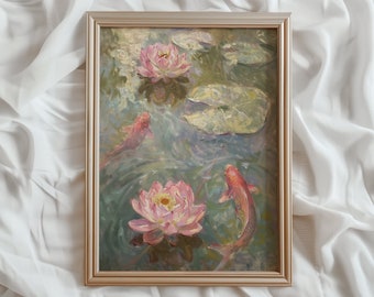 Koi Pond Art Print | Vintage Japanese Lotus Painting (Digital Download)