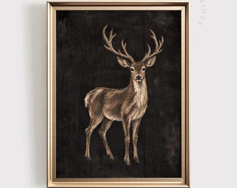 Vintage Deer PRINTABLE Wall Art: Moody Christmas Print, Antique Stag Holiday Decor, Rustic Farmhouse Woodland Animal Art (Digital Download)