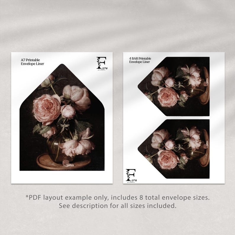 May include: Printable envelope liners with a floral design featuring pink peonies in a vase. The liners are available in A7 and 4 BAR sizes. *PDF layout example only, includes 8 total envelope sizes. See description for all sizes included.*