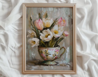 Pintura floral de primavera Tulipán IMPRIMIBLE Arte de pared Luz Academia Decoración estética Tono suave Arte floral de primavera / #762