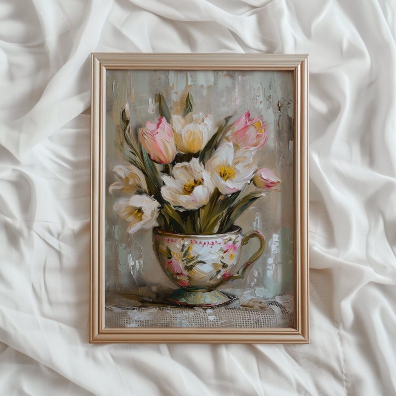 May include: A framed painting of a bouquet of white and pink tulips in a vintage teacup. The tulips are arranged in a vase with a floral pattern. The background is a soft, muted green.
