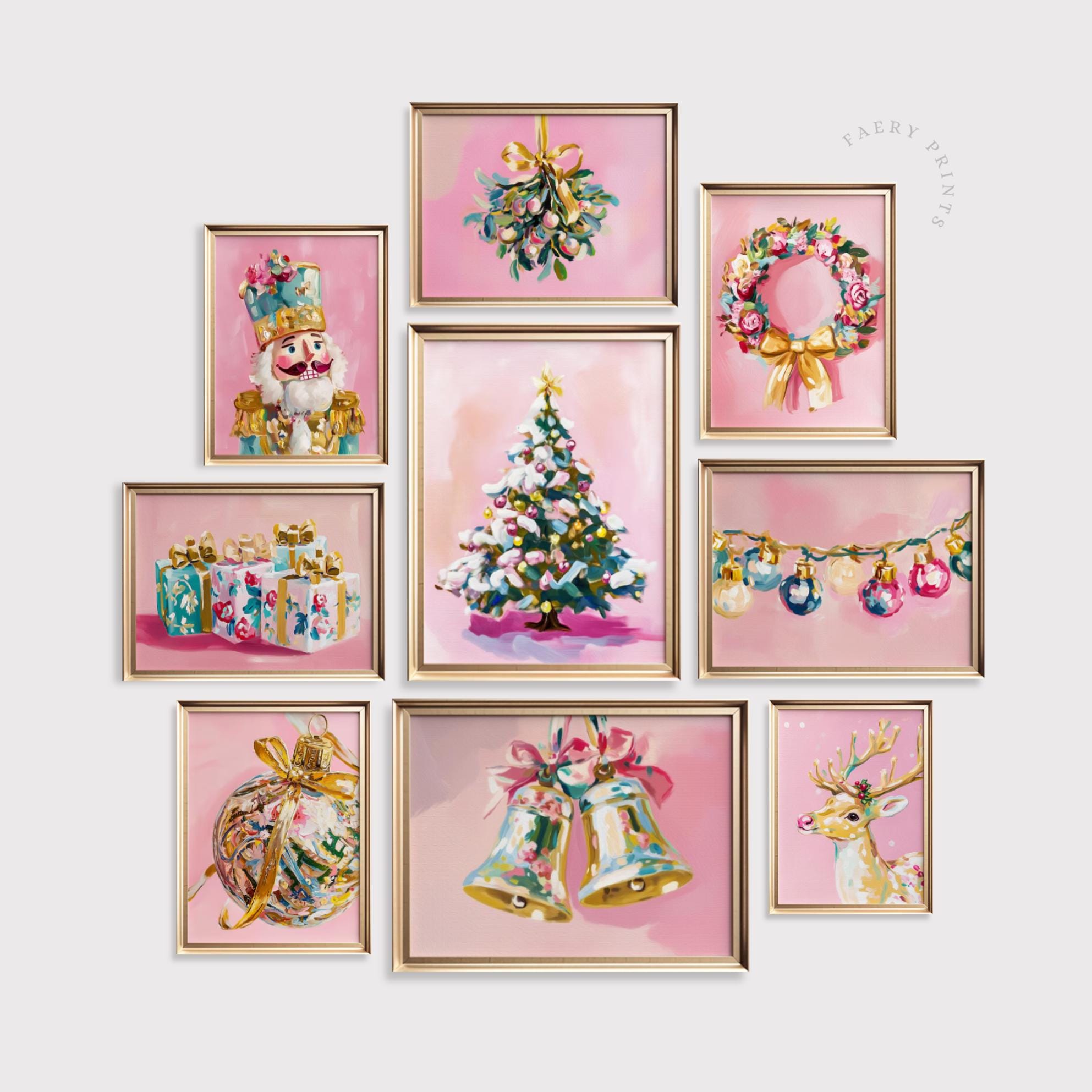 ピンクのクリスマスウォールアートセット｜ホリデーキッチュプリント
