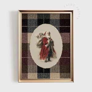 May include: Framed vintage print featuring Santa Claus carrying a sack, set against a plaid background in shades of red, black, and tan. The image is enclosed in a gold-colored frame, with the text "FAERY PRINTS" in the upper right corner.