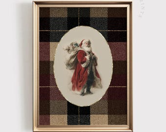 Vintage Santa Claus PRINTABLE Art: Red Plaid Christmas Wall Decor | Traditional Holiday Print