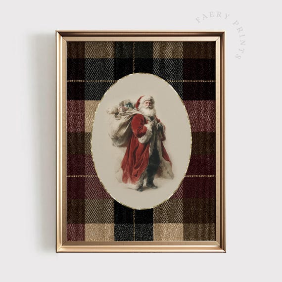 Vintage Santa Claus PRINTABLE Art: Red Plaid Christmas Wall Decor | Traditional Holiday Print