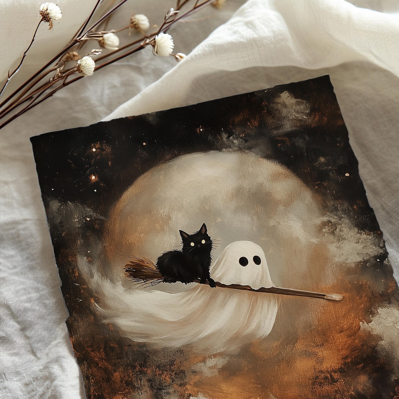 Ghost and Black Cat Halloween Art Print | Spooky Broomstick Decor ...
