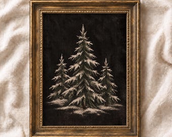 Snowy Evergreen Trees PRINTABLE Wall Art: Moody Winter Print, Antique Holiday Decor, Rustic Farmhouse Christmas Art (Digital Download)