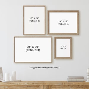 May include: A suggested arrangement of four picture frames in various sizes. The frames are all made of wood and have a light brown finish. The frames are arranged in a staggered pattern on a white wall. The text on the frames indicates the dimensions of each frame in inches and the aspect ratio.