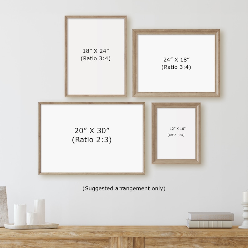 May include: A suggested arrangement of four picture frames in various sizes. The frames are all made of wood and have a light brown finish. The frames are arranged in a staggered pattern on a white wall. The text on the frames indicates the dimensions of each frame in inches and the aspect ratio.