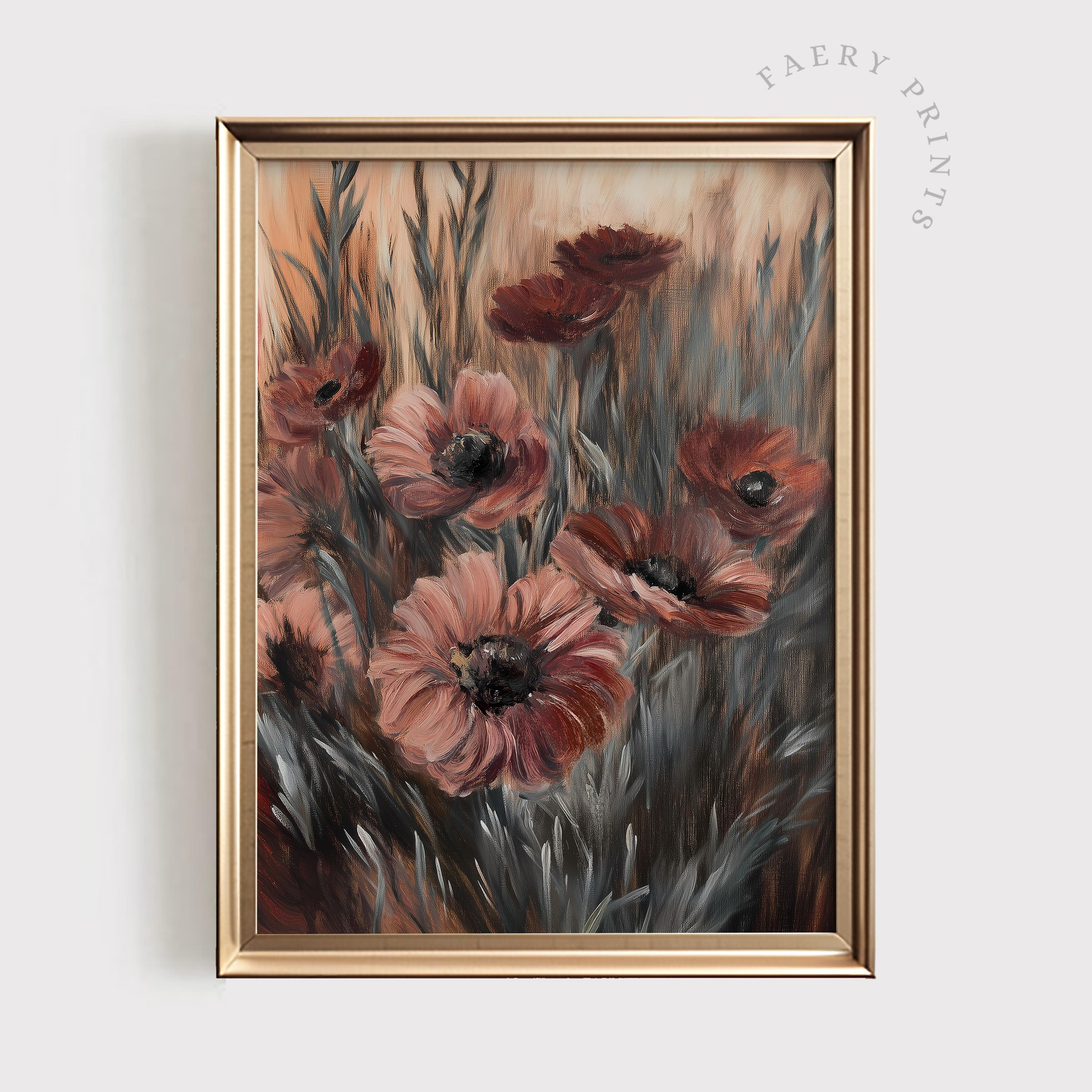 バーガンディの花柄絵画 | ムーディーなヴィンテージ風プリント 