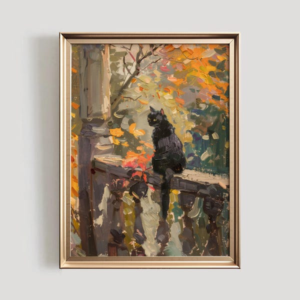Rustic Autumn Cat Art Print | Vintage Fall Decor (Digital Download)