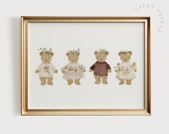 Vintage Teddy Bear Nursery Art: Watercolor Floral Illustration (Digital Download)
