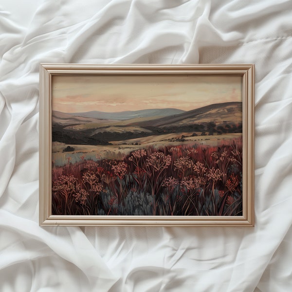 Dark Maroon Landscape Print | Vintage PRINTABLE Wall Art | Moody Wildflower Painting | Moody Dark Red Autumn Landscape Home Decor | #866