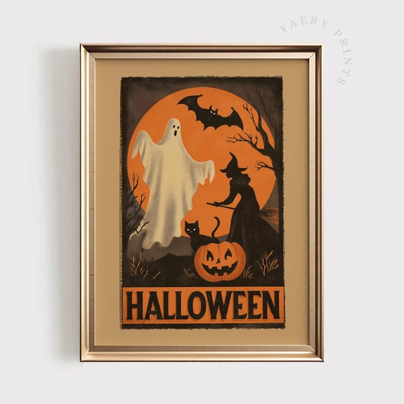 Vintage Halloween Poster Print | Retro Ghost, Witch & Pumpkin (Digital Download)