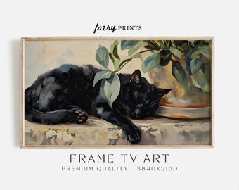 Cat Samsung Frame TV Art | Black Cat Sleeping Under Plant Frame Tv Art | Digital Download TV Art | S252