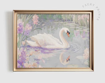 May include: A framed painting of a white swan gracefully gliding on a tranquil pond. The artwork features soft pastel colors, with lavender and pink flowers surrounding the water. The painting is in a gold frame, with the text "FAERY PRINTS" in the upper right corner.