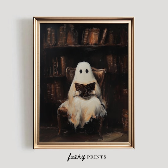 Library Ghost Print | Vintage Halloween Decor | Halloween PRINTABLE Wall Art | Spooky Dark Academia Print | Ghost Digital Download | #994