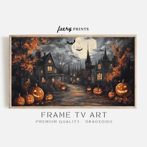 May include: A digital painting of a spooky Halloween village with houses, trees, and a full moon. Jack-o'-lanterns line the street, glowing with warm orange light.