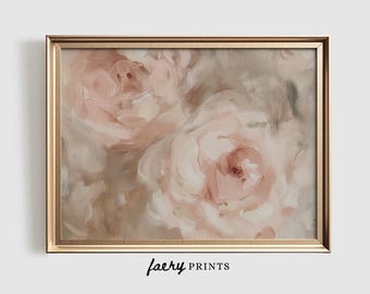 May include: A painting of pink roses in a soft, muted palette. The roses are painted in a realistic style, with delicate details and subtle shading. The background is a soft, neutral color, creating a calming and serene atmosphere.