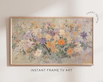 May include: A framed painting of a bouquet of flowers in shades of purple, yellow, and white. The flowers are painted in a loose, impressionistic style, with visible brushstrokes. The background is a soft, muted green.