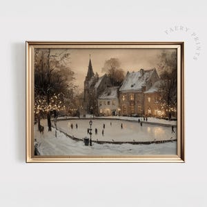 May include: A framed vintage print depicts a winter scene with an ice-skating rink in a town square. The artwork features a gold frame, snow-covered buildings, and figures skating on the ice. The text "FAERY PRINTS" is visible in the upper right corner.