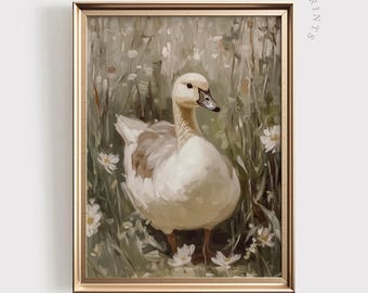 アヒルと野花のアートプリント：素朴な農家風インテリア（デジタル