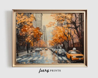 May include: A painting of a city street scene with yellow cabs and fall foliage. The buildings are tall and the street is lined with trees. The painting is done in a realistic style.