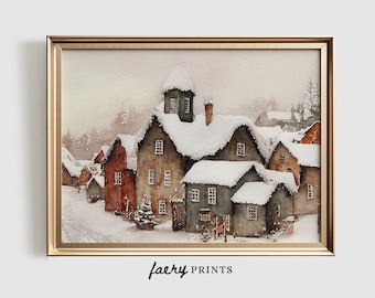 Winter Village Watercolor Print | Snowy Town Art (Digital Download)