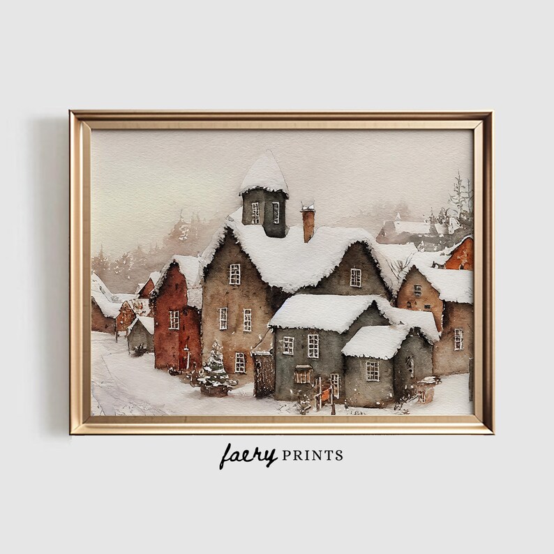 Winter Village Watercolor Print | Snowy Town Art (digital Download) - Etsy