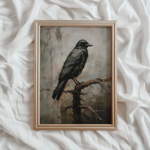 Dark Raven Vintage PRINTABLE Art | Spooky Halloween Print | Dark Academia Raven Painting | Gothic Bird Digital Art | #610
