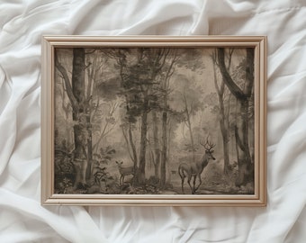 Moody Woodland Landscape Print | Vintage PRINTABLE Wall Art | Dark Brown Antique Woods Painting | Antique Woodland Drawing | #877