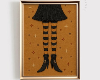 Witch Wall Art: Whimsical Halloween Home Decor, Embroidered Witch PRINTABLE, Spooky Retro Witchy Print (Digital Download)