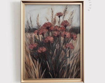 Maroon Wildflower Painting | Vintage Floral Art Print (Digital Download)