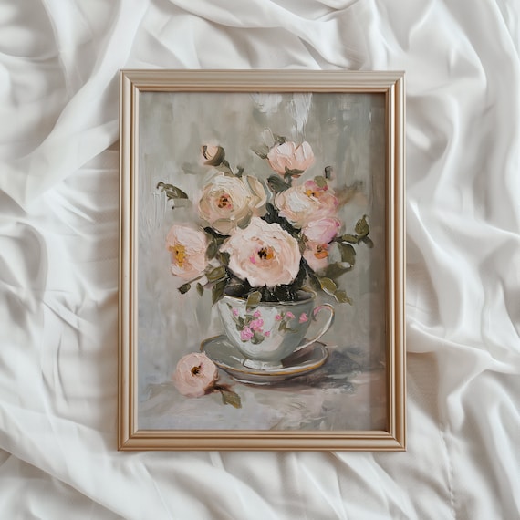 Flowers in a Teacup Painting | Floral PRINTABLE Wall Art | Light Academia Aesthetic Decor | Soft Tone Spring Flower Art | Peony Print | #762