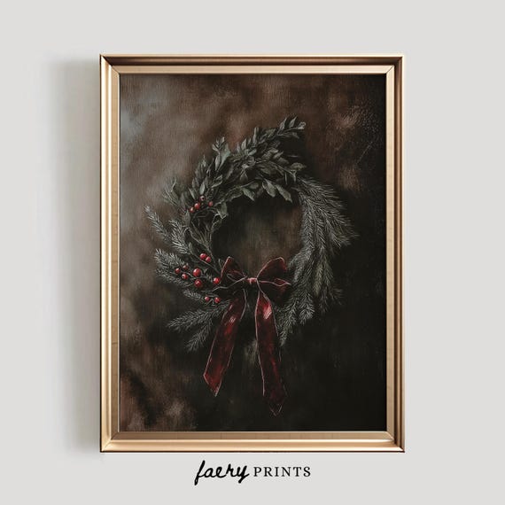 Victorian Christmas Wreath Art Print | Moody Holiday Decor (Digital Download)