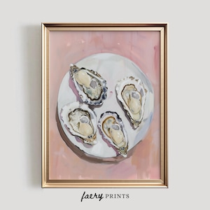 Stampa artistica di ostriche / Stampa artistica di frutti di mare rosa / Decorazione murale per cucina costiera pastello / Decorazione murale alla moda per sala da pranzo / #1139