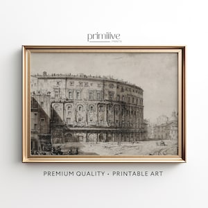 May include: A black and white vintage illustration of a large, round building with arched windows and a courtyard. The building is surrounded by other buildings and a street.