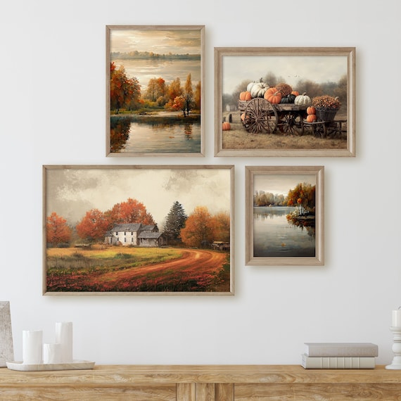 Autumn Gallery Set, Fall Foliage Wall Art Set, Autumn Landscape Decor, Farmhouse Printable Art, Cottage Home Decor, Pumpkin Digital Artwork