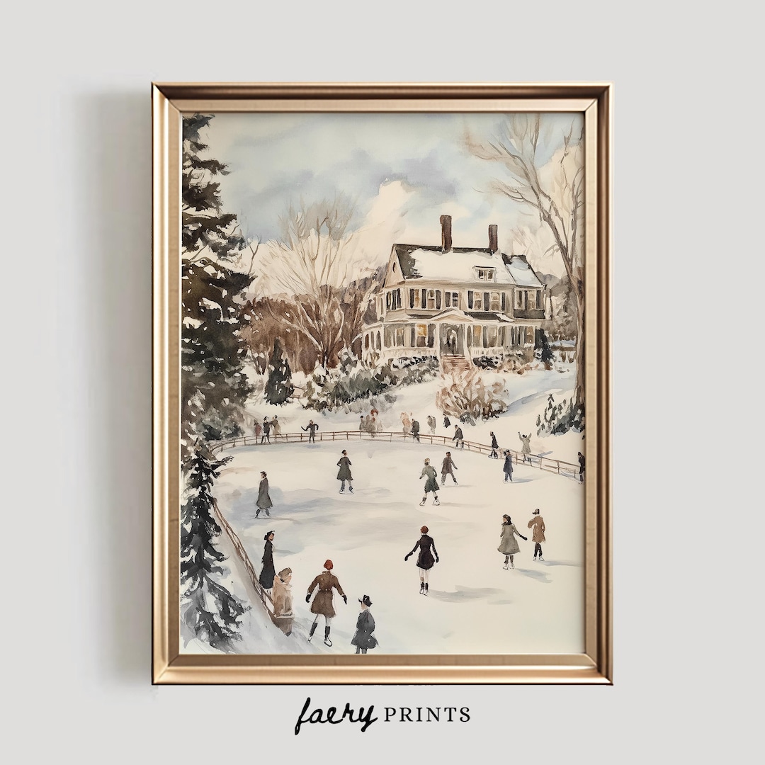 Ice Skating Watercolor Print | Vintage Winter Scene (digital Download ...