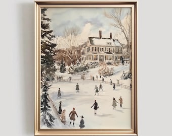 Schlittschuhlaufen Aquarell Druck | Vintage Winterszene (Digitaler Download)