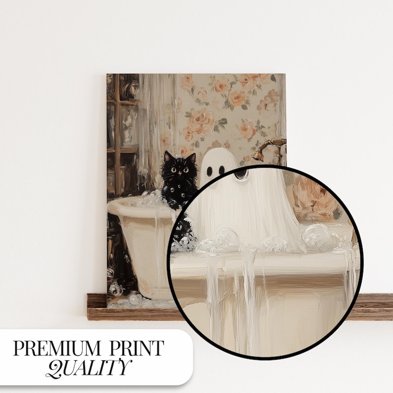 May include: A black cat and a white ghost are having a bath in a white bathtub with bubbles. The cat is sitting in the tub, while the ghost is floating on top of the water. The scene is set in a bathroom with floral wallpaper.