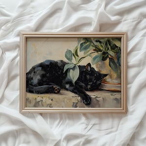 Sleeping Cat Print | Farmhouse PRINTABLE Wall Art | Rustic Aesthetic Decor | Black Cat Painting | Neutral Plant Art | Pet Cat Art | #760