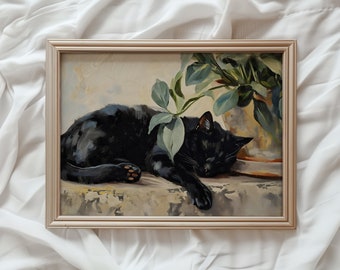 Sleeping Cat Print | Farmhouse PRINTABLE Wall Art | Rustic Aesthetic Decor | Black Cat Painting | Neutral Plant Art | Pet Cat Art | #760