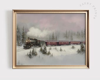 Vintage Christmas Train Print: Snowy Forest, Nostalgic Holiday Decor (Digital Download)