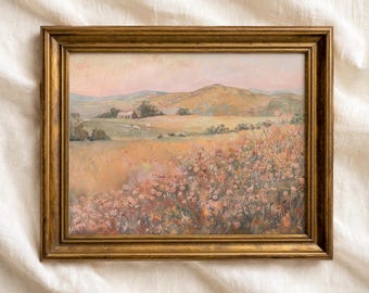 Pastel Wildflower Landscape Print: Spring Floral Countryside Scenery | Soft Pink Farmhouse Art (Digital Download)