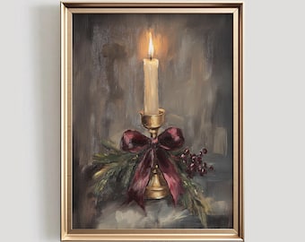 May include: A painting of a lit candle on a gold candlestick with a burgundy bow and green foliage. The candle is white and the background is a muted brown.