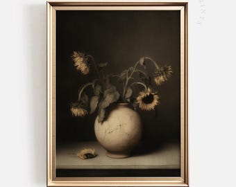 Vintage Sunflower Still Life Print | Moody Farmhouse Decor (Digital Download)